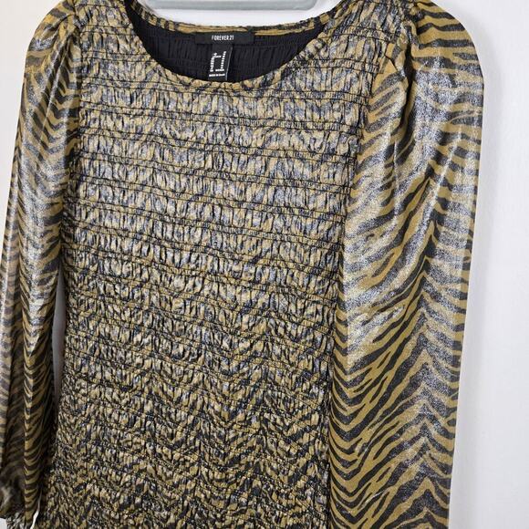 Forever 21 Smocked Tiger Print Metallic Party Mini Dress M Ruffle Hem Steampunk - Picture 2 of 7